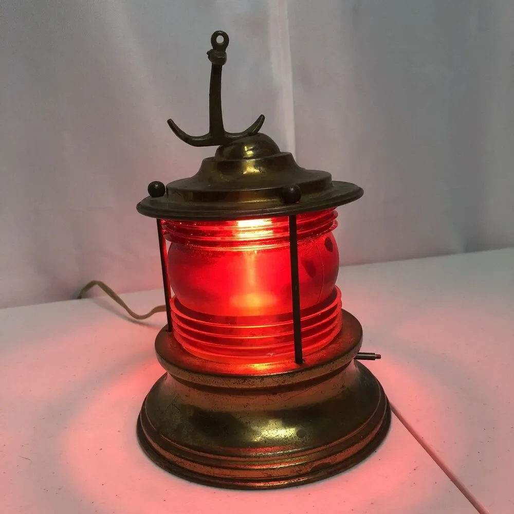 Vintage Nautical Marine Ships Copper and Brass Electric Red Lamp Anchor Working